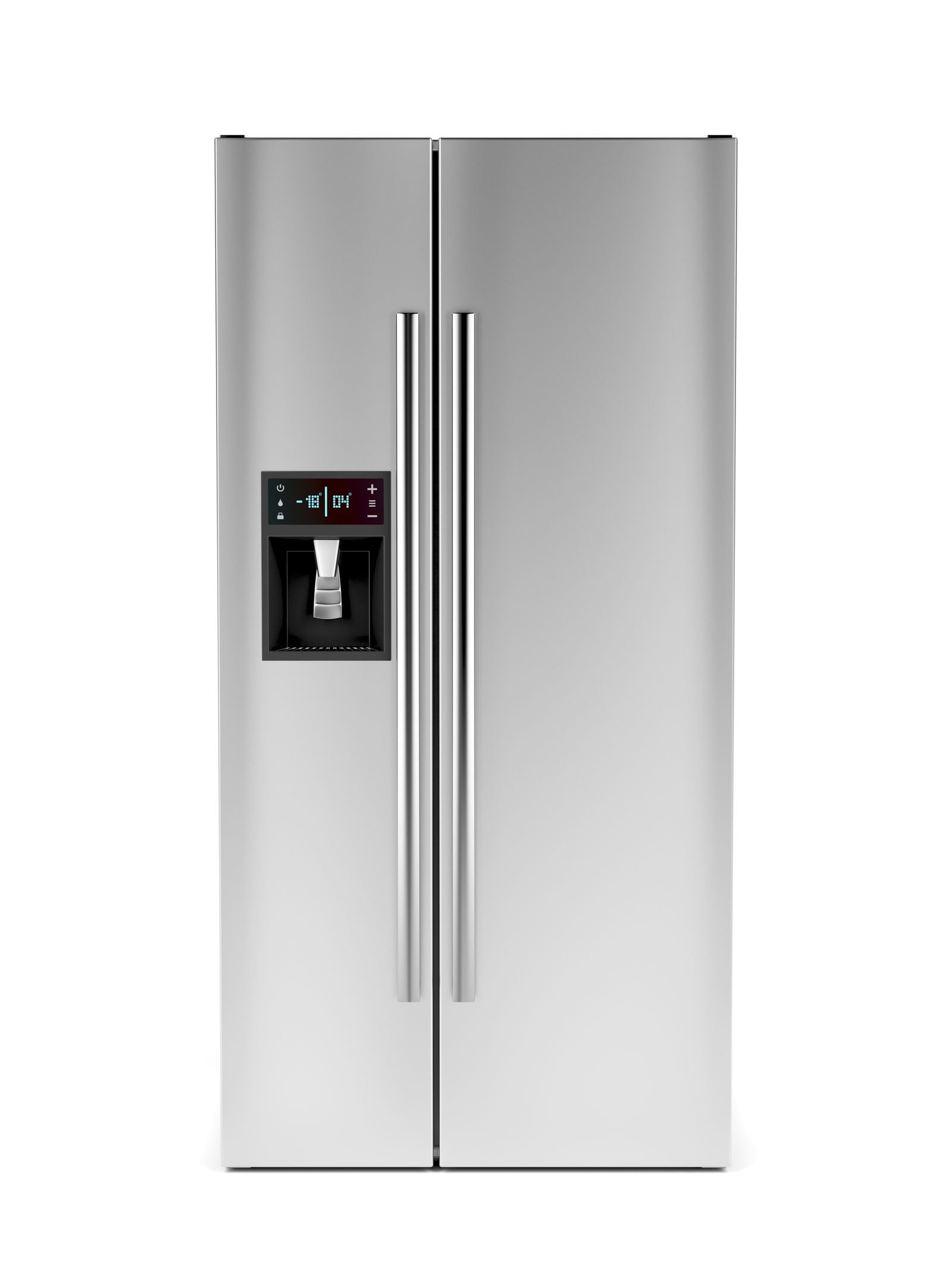 A modern stainless-steel smart fridge in a fitted kitchen